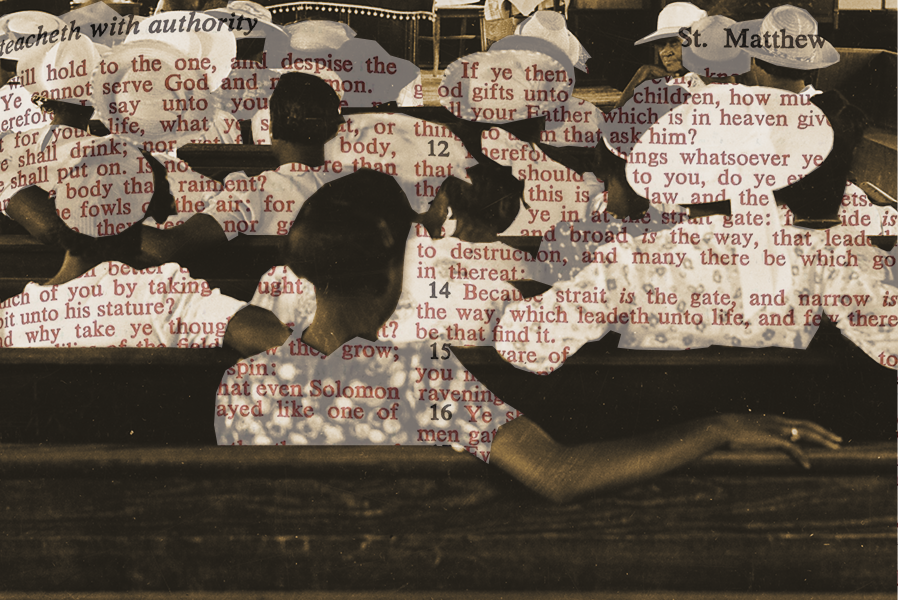 a close up of the collage on the front of the House Prayer Card, featuring a sepia toned photo of Black people seated in pews in a Baptist church. They are all dressed in white and Biblical text is superimposed over their clothing.