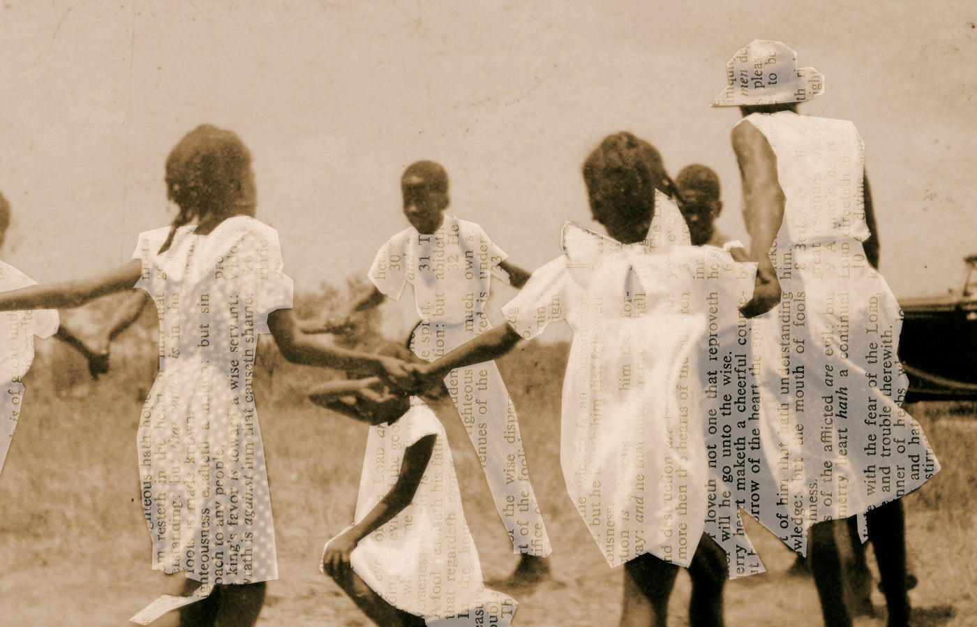 collaged text over a sepia image of Black children playing a ring dance game in a field