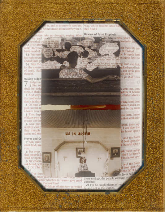 inside an octagonal vintage daguerreotype frame is an image of a collaged and gold gilded prayer card featuring interior images of an African American baptist church. The card is resting on the surface of a page from the King James Bible, open to the gospel of Matthew.