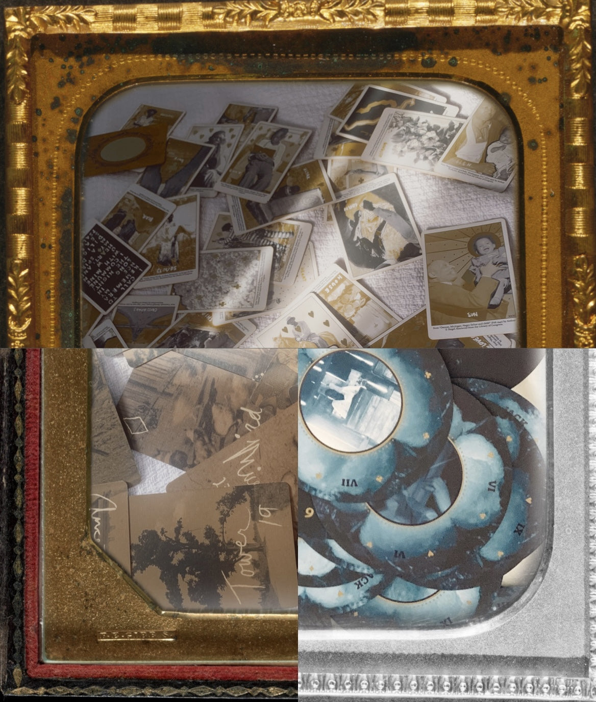 a mashup of three framed images for Grandma Baby's Black Gold Lenormand, Grandma Baby's Black Gold Lenormand Too and Grandma Baby's 52 Blues Playing Cards